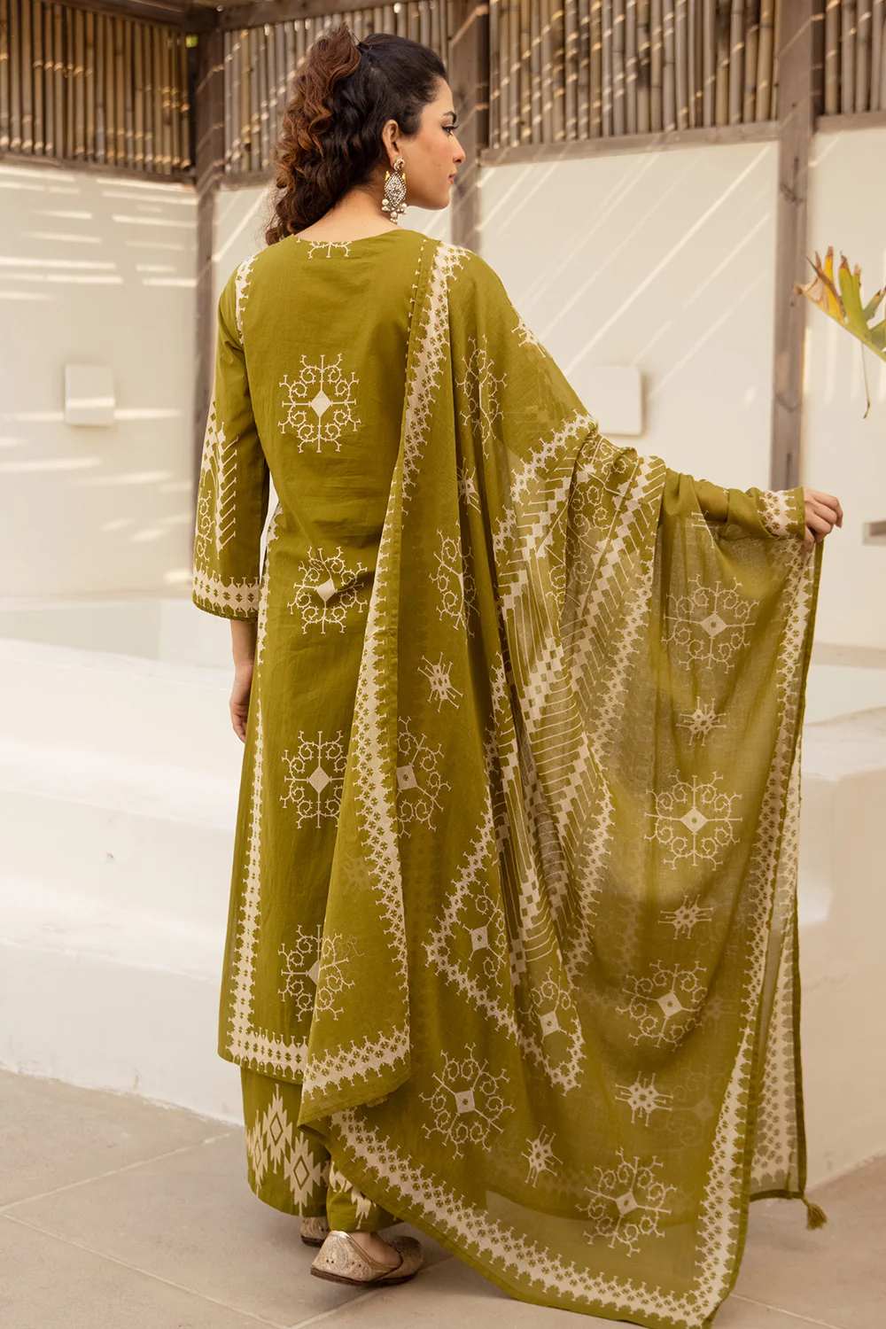 Green Cotton Printed Suit with Palazzo - Image 3