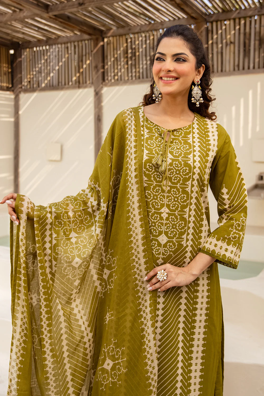 Green Cotton Printed Suit with Palazzo - Image 4