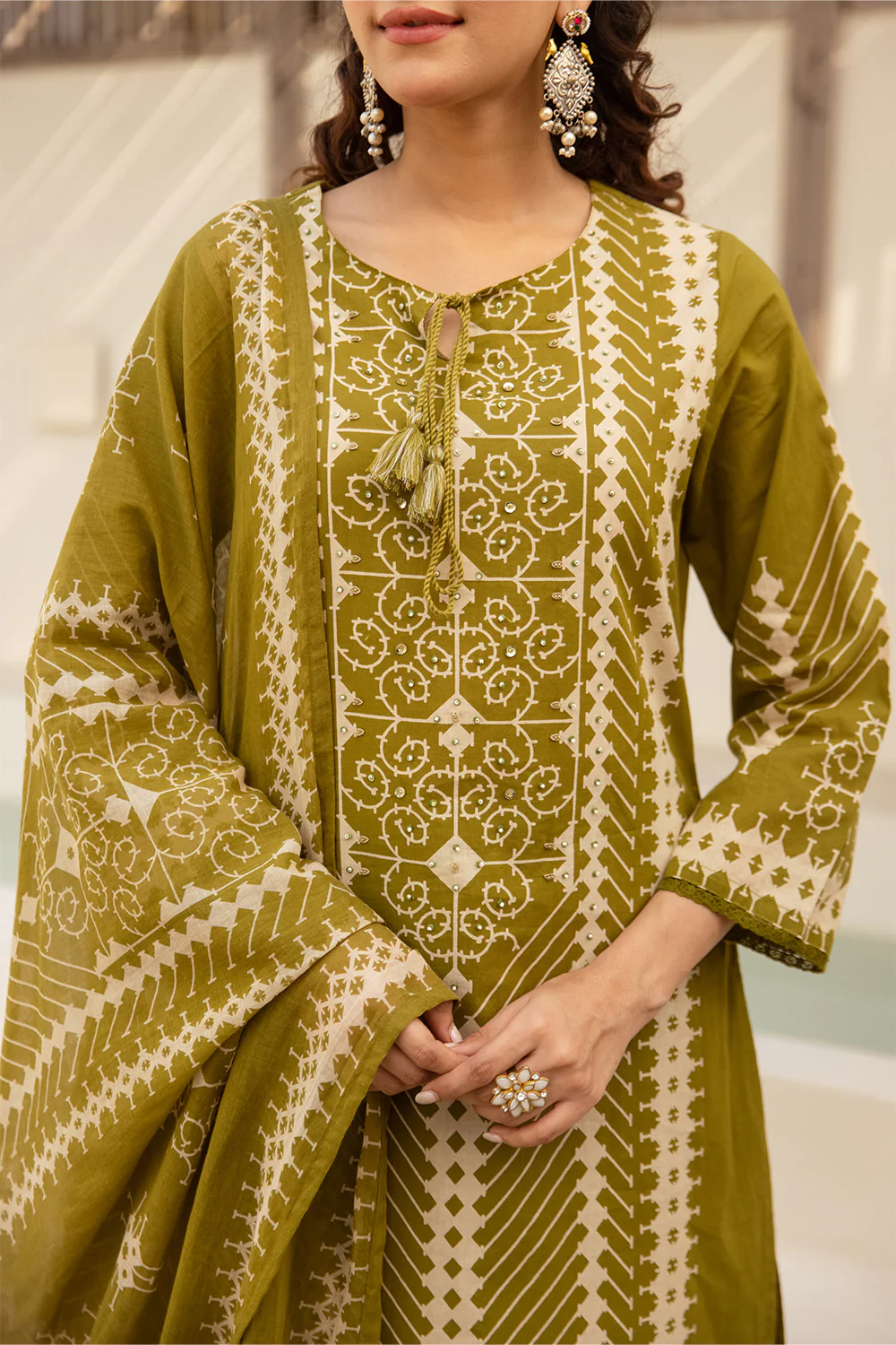 Green Cotton Printed Suit with Palazzo - Image 5