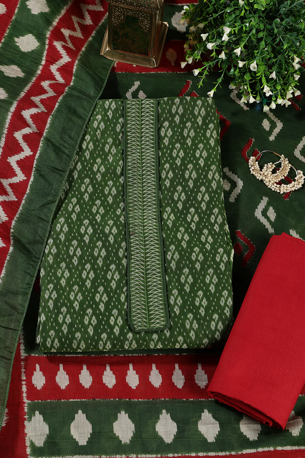 Green Ikkat Cotton Printed Unstitched Suit Material - Image 3