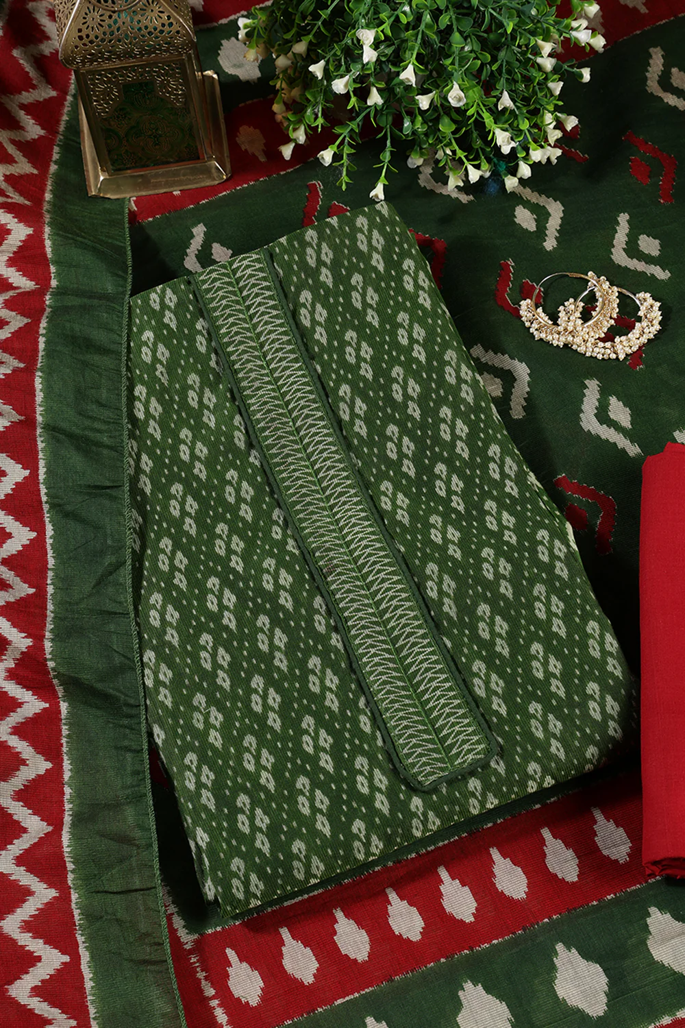 Green Ikkat Cotton Printed Unstitched Suit Material - Image 4
