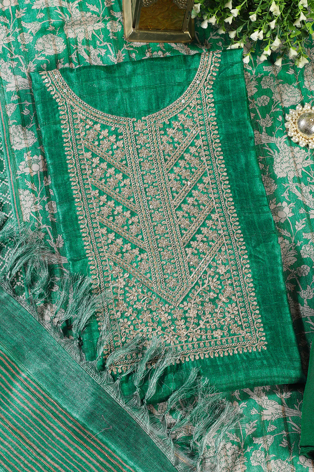 Green Tussar Silk Neck Zari Embroidered Unstitched Suit - Image 3
