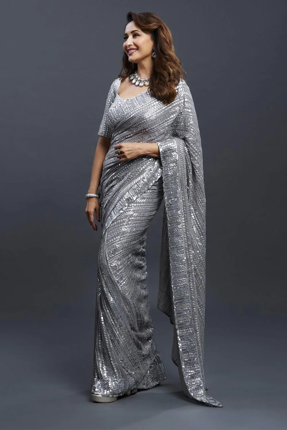 Grey Colour Sequins Work Georgette Saree. - Image 4