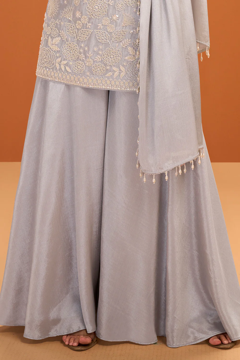 Grey Crepe Silk Cut-Dana and Resham Embroidered Suit with Palazzo - Image 3