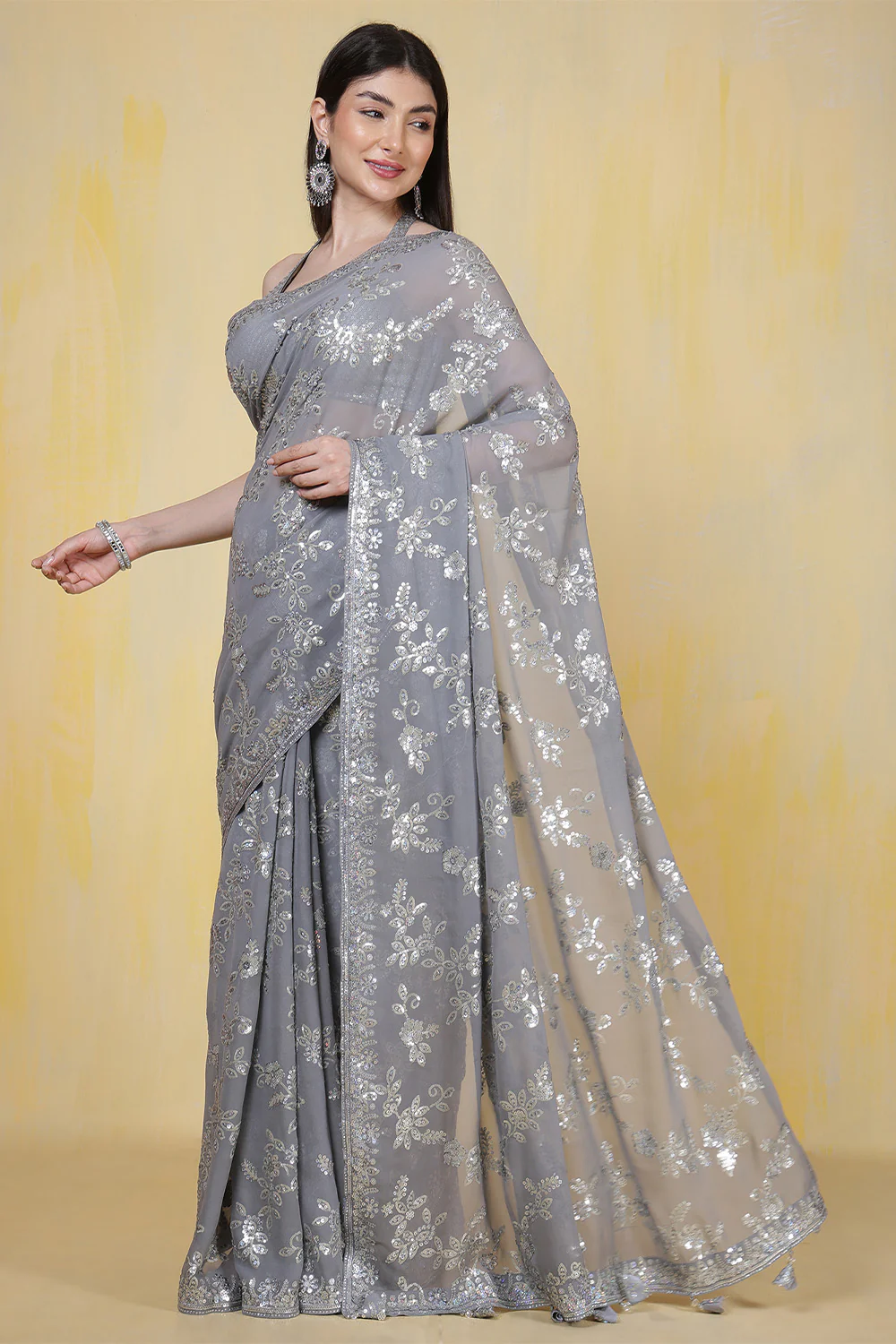 Grey Georgette Sequins Embroidered Saree - Image 2
