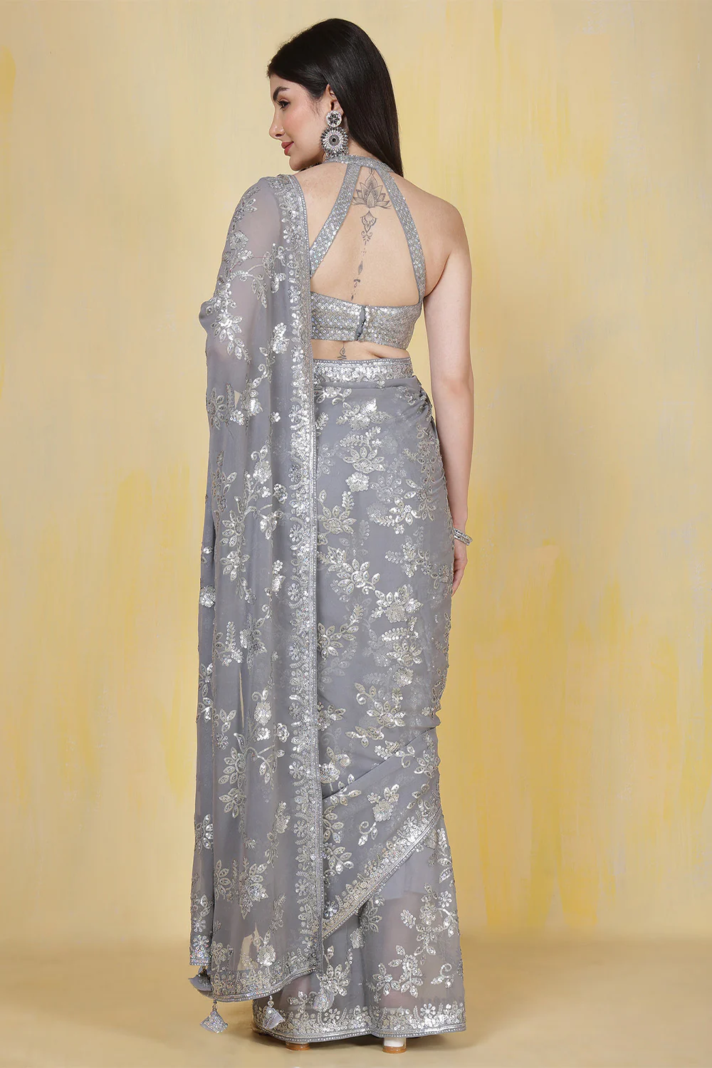 Grey Georgette Sequins Embroidered Saree - Image 3