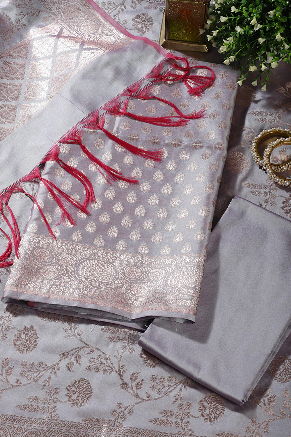 Grey Silk Buta Motifs Woven Unstitched Suit Fabric - Image 2