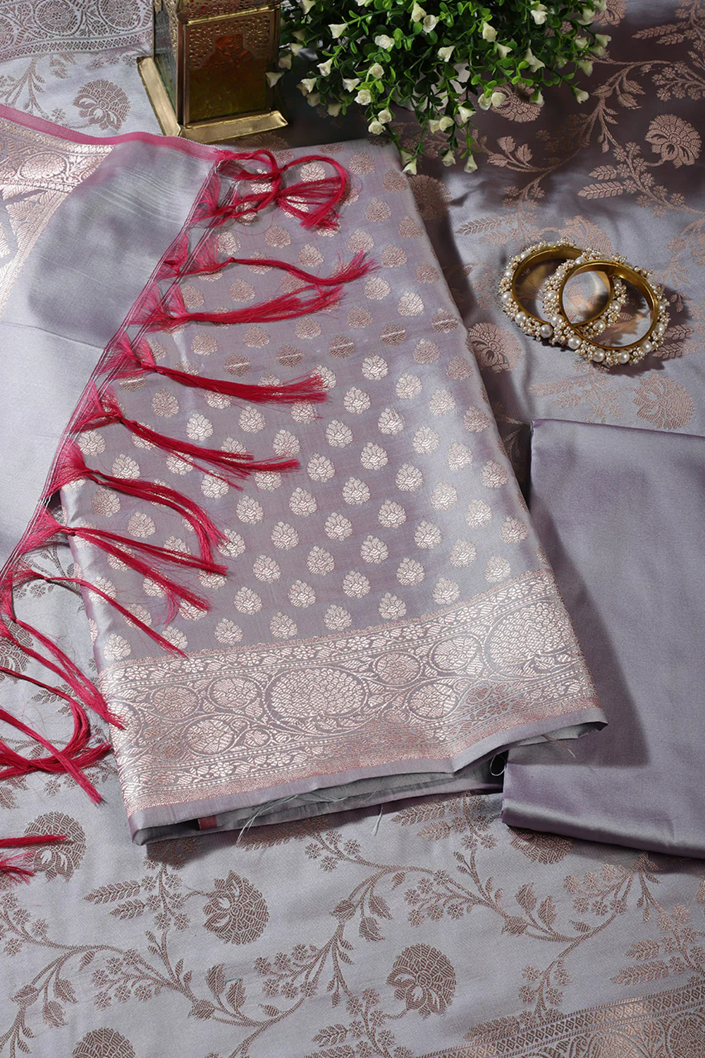 Grey Silk Buta Motifs Woven Unstitched Suit Fabric - Image 3