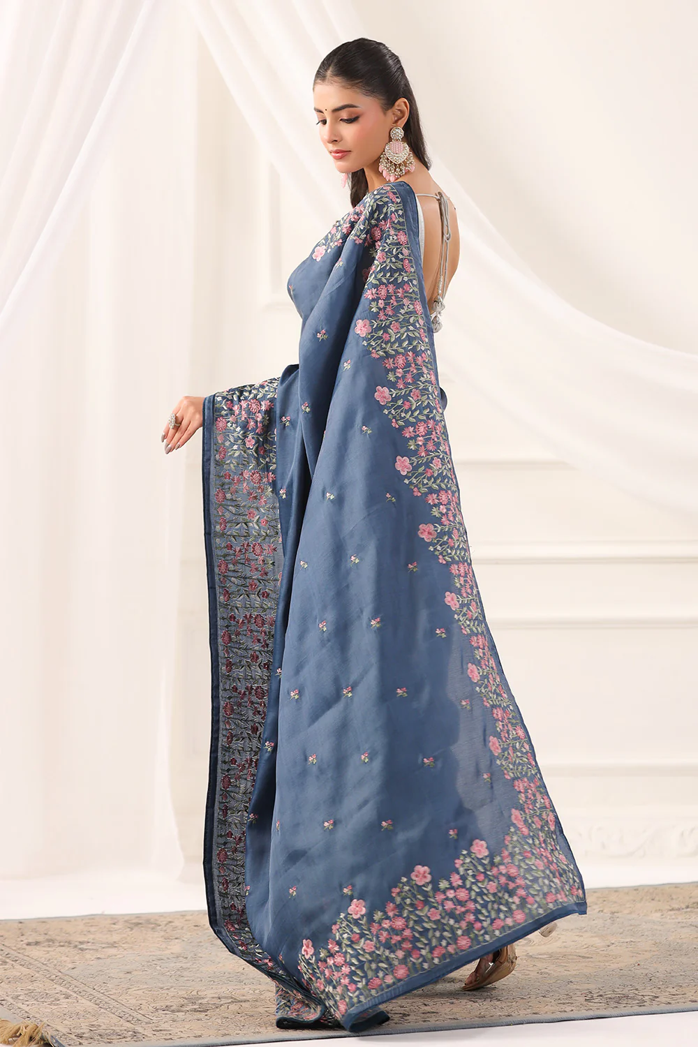 Greyish Blue Tussar Silk Resham Floral Embroidered Saree - Image 13
