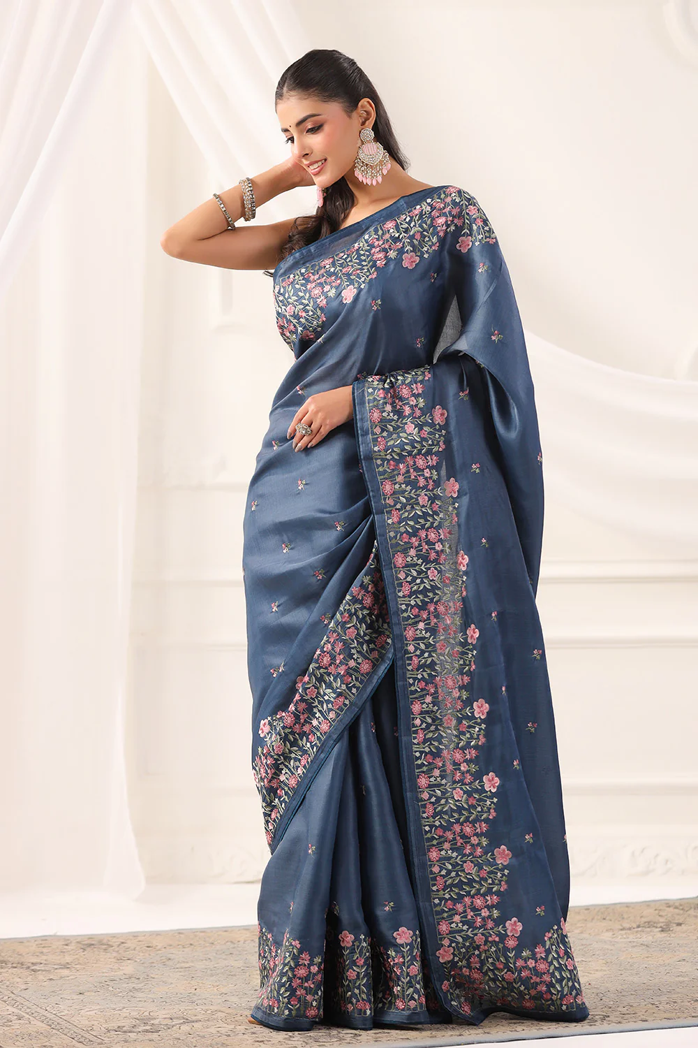Greyish Blue Tussar Silk Resham Floral Embroidered Saree - Image 2