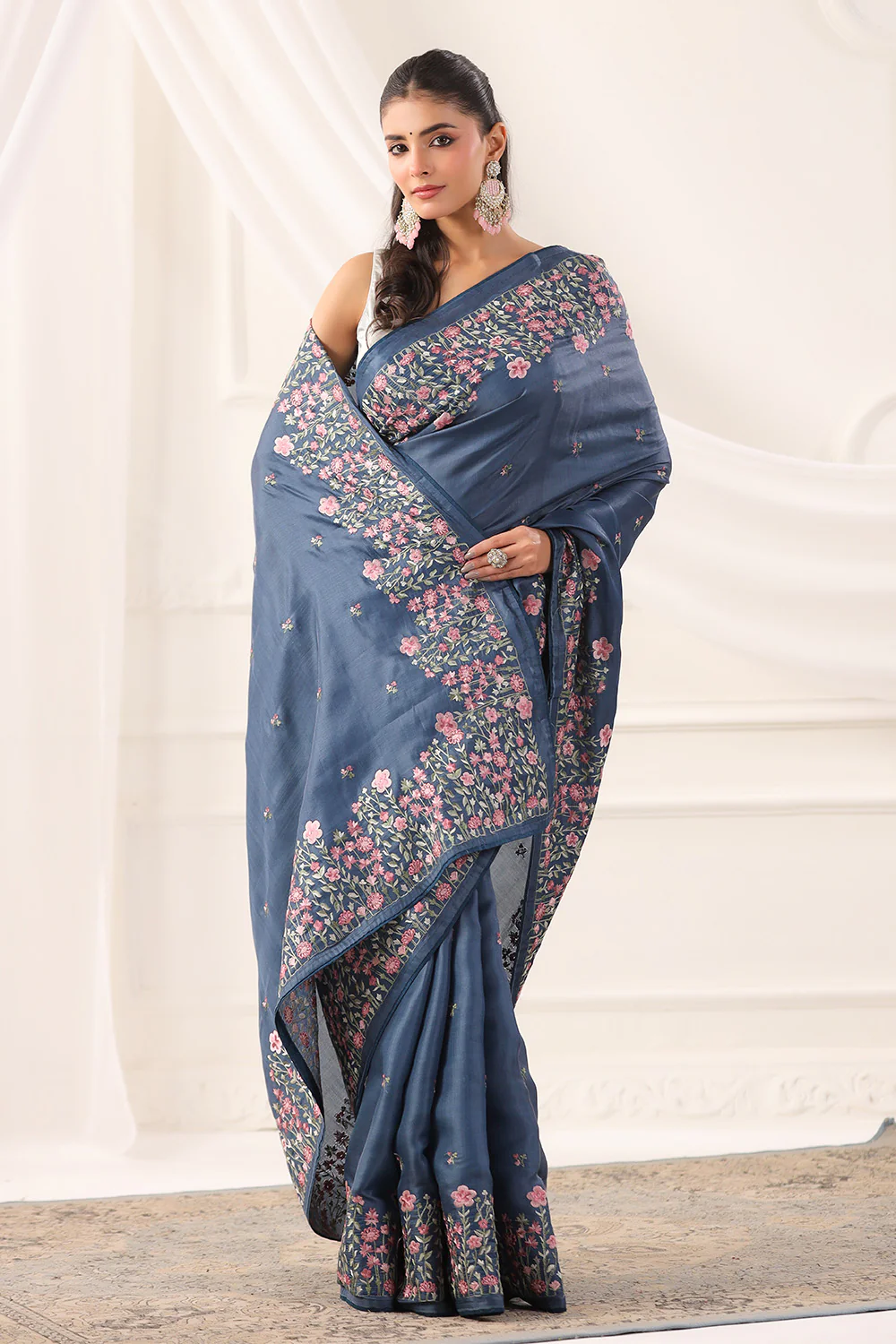 Greyish Blue Tussar Silk Resham Floral Embroidered Saree - Image 4