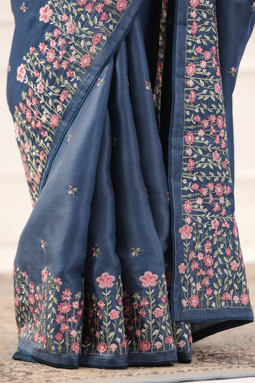 Greyish Blue Tussar Silk Resham Floral Embroidered Saree - Image 9