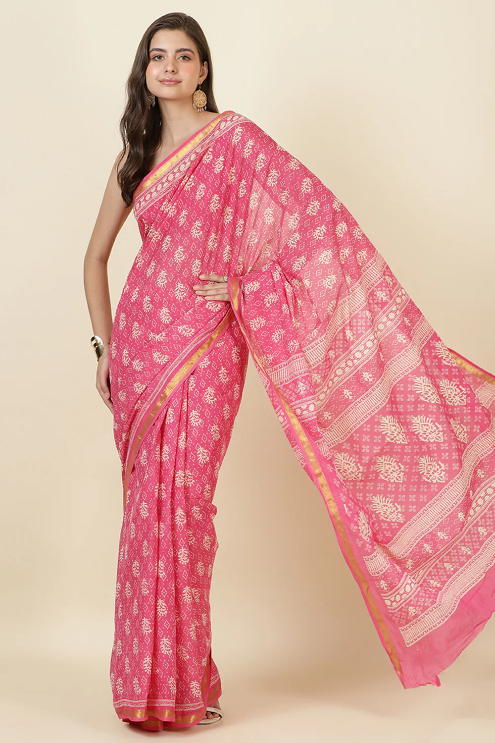 Hot Pink Cotton Block Printed Saree - Image 5
