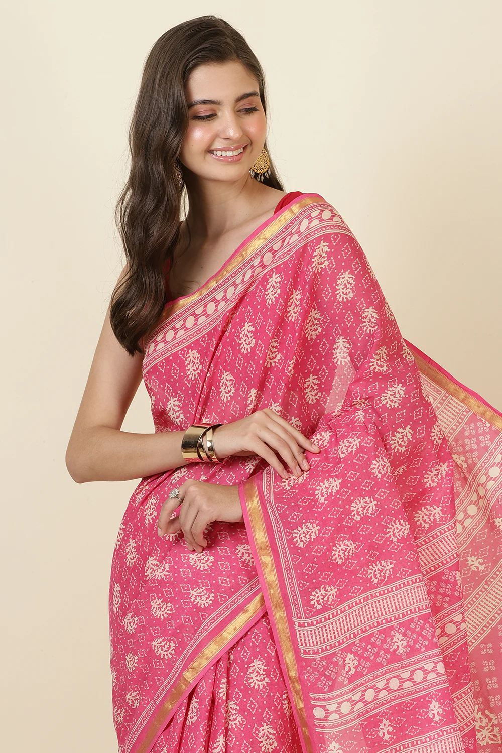 Hot Pink Cotton Block Printed Saree - Image 6