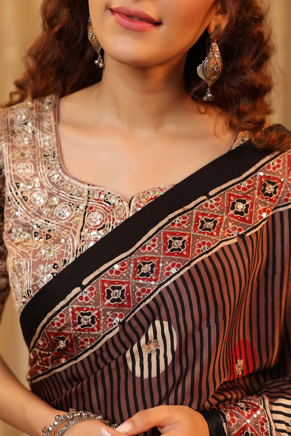 Light Brown Pure Mulberry Silk Printed And Embroidered Saree - Image 11