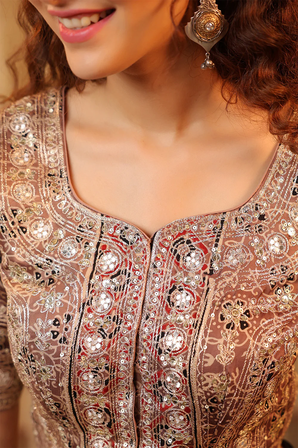 Light Brown Pure Mulberry Silk Printed And Embroidered Saree - Image 12
