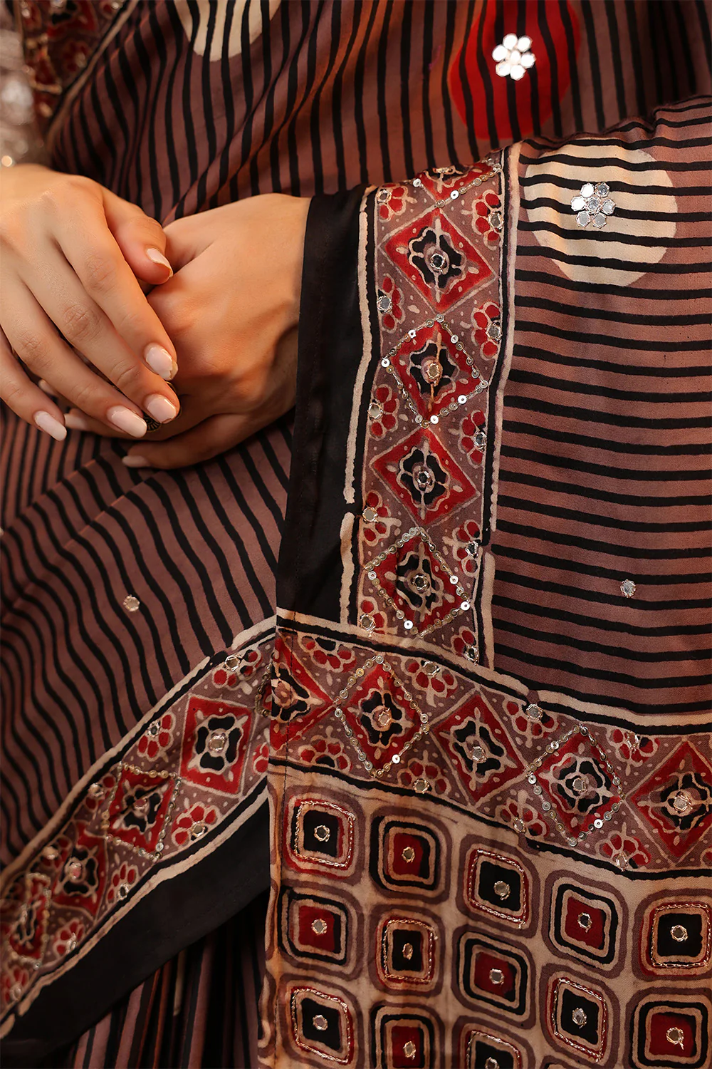Light Brown Pure Mulberry Silk Printed And Embroidered Saree - Image 14