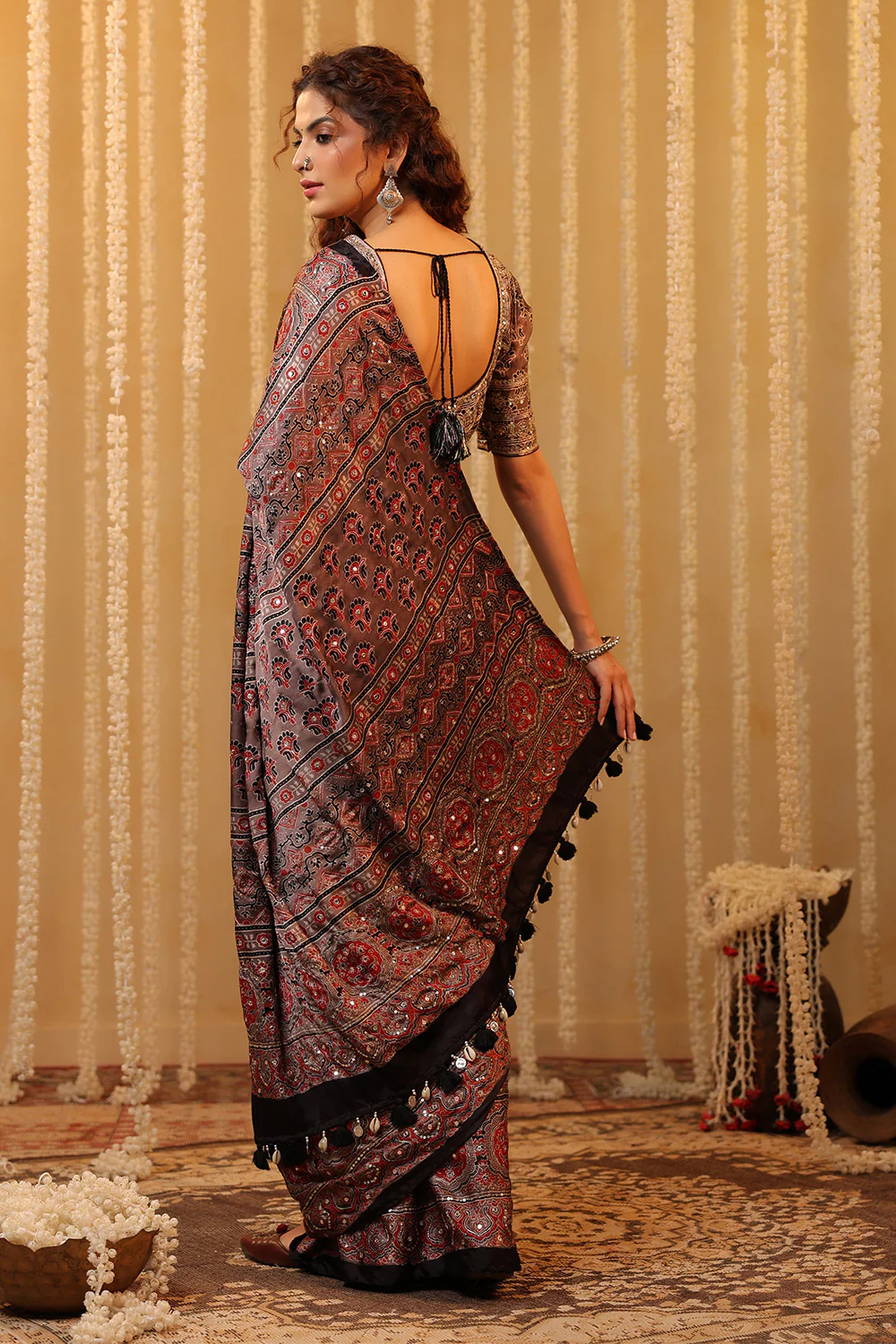 Light Brown Pure Mulberry Silk Printed And Embroidered Saree - Image 3