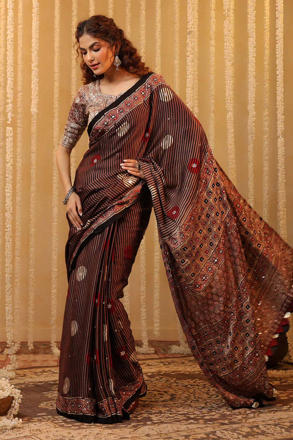 Light Brown Pure Mulberry Silk Printed And Embroidered Saree - Image 6