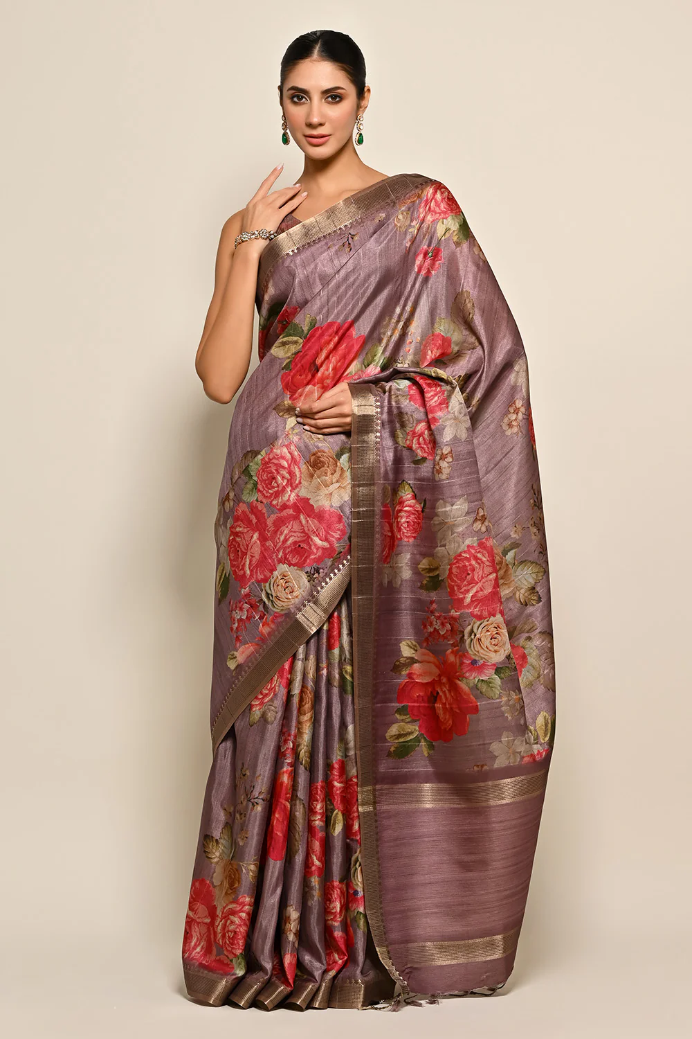 Light Mauve Colour Printed Tussar Silk Saree. - Image 3