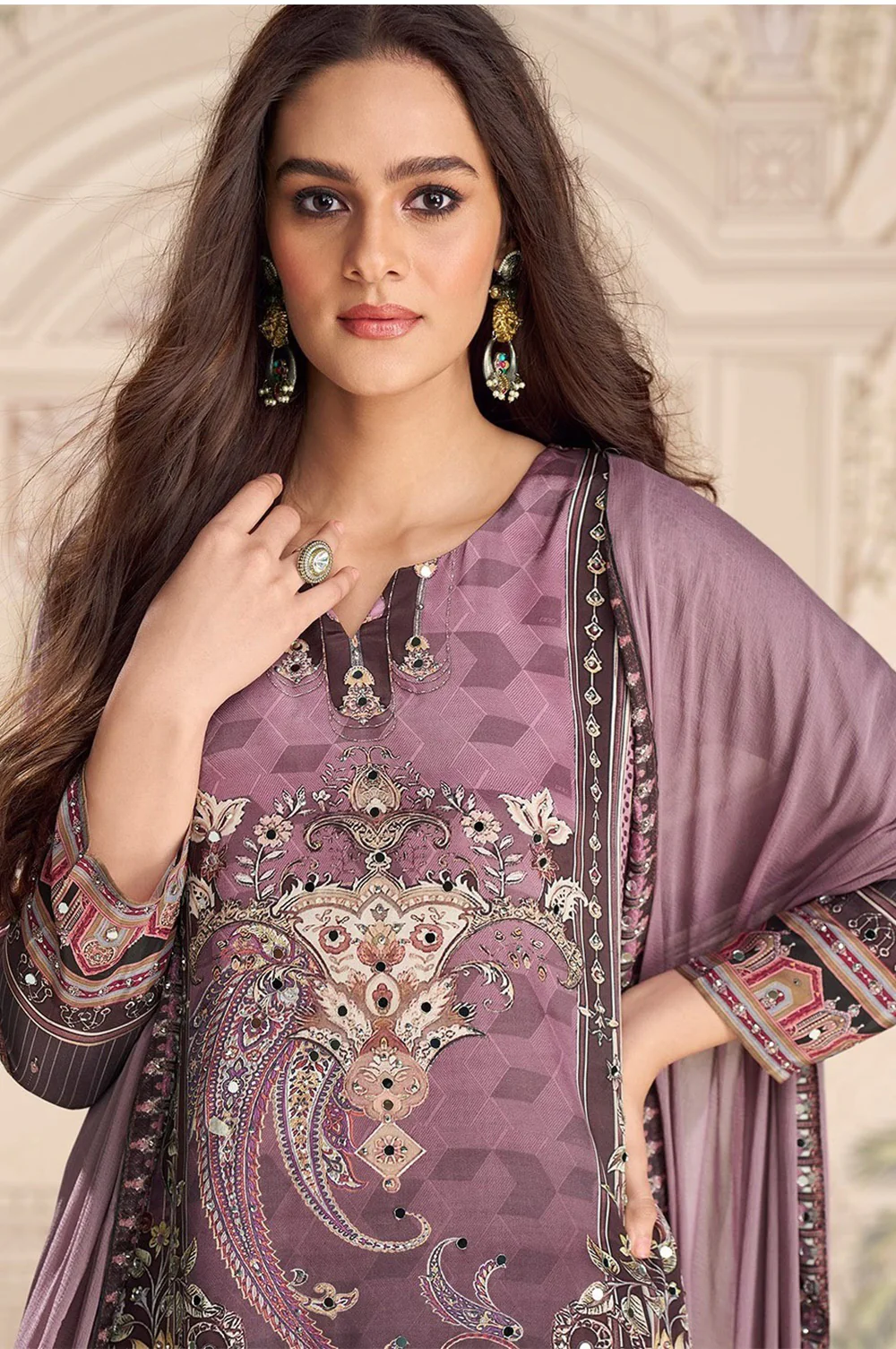 Light Mauve Crepe Silk Mirror And Swarovski Embroidered Printed Suit With Gharara - Image 2