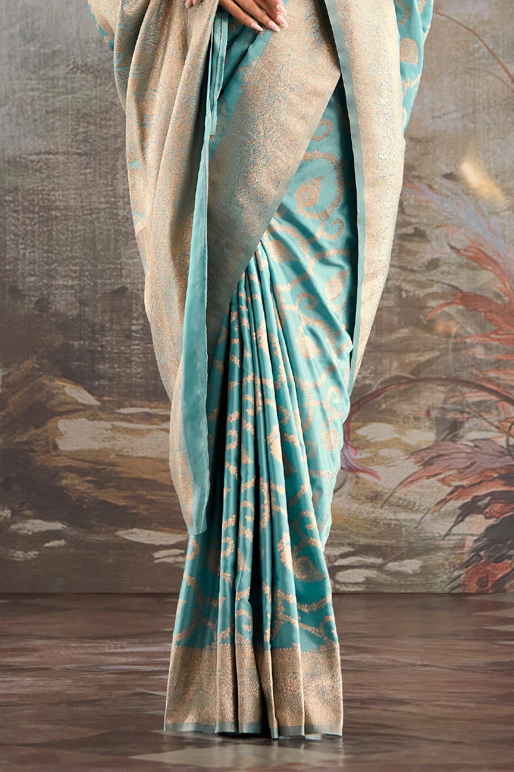Light Turquoise Silk Banarasi Woven Saree - Image 3