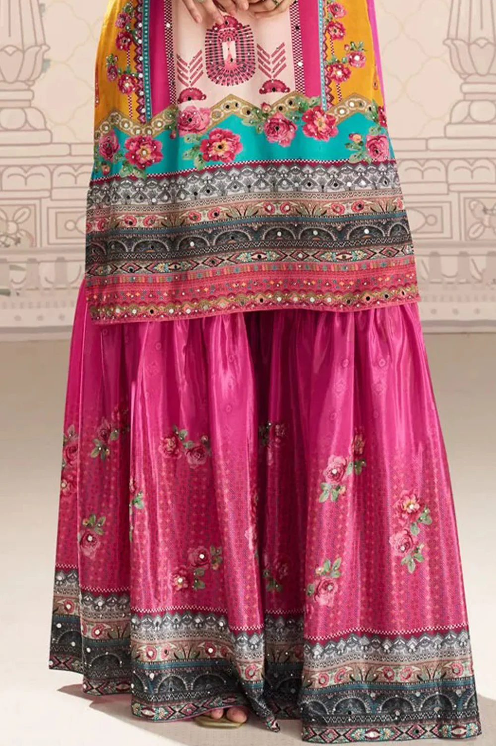 Magenta Crepe Silk Mirror And Swarovski Embroidered Printed Suit With Gharara - Image 3