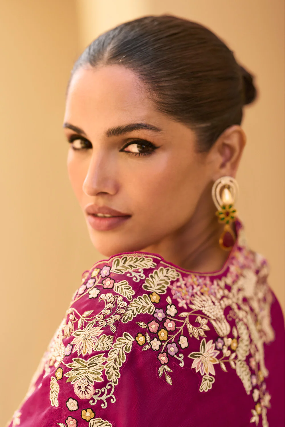 Magenta Organza Embroidered Crop-Top Dress With Shruge Stlye Dupatta And Palazzo - Image 3