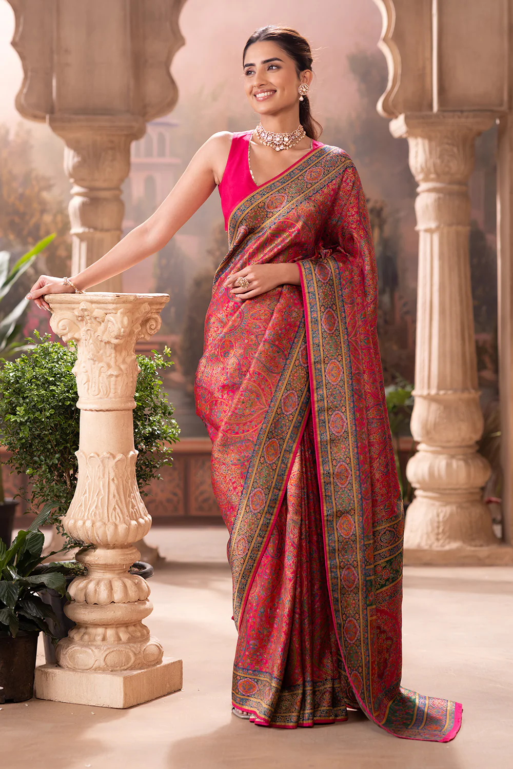 Magenta Pink Position Print Woven Silk Saree