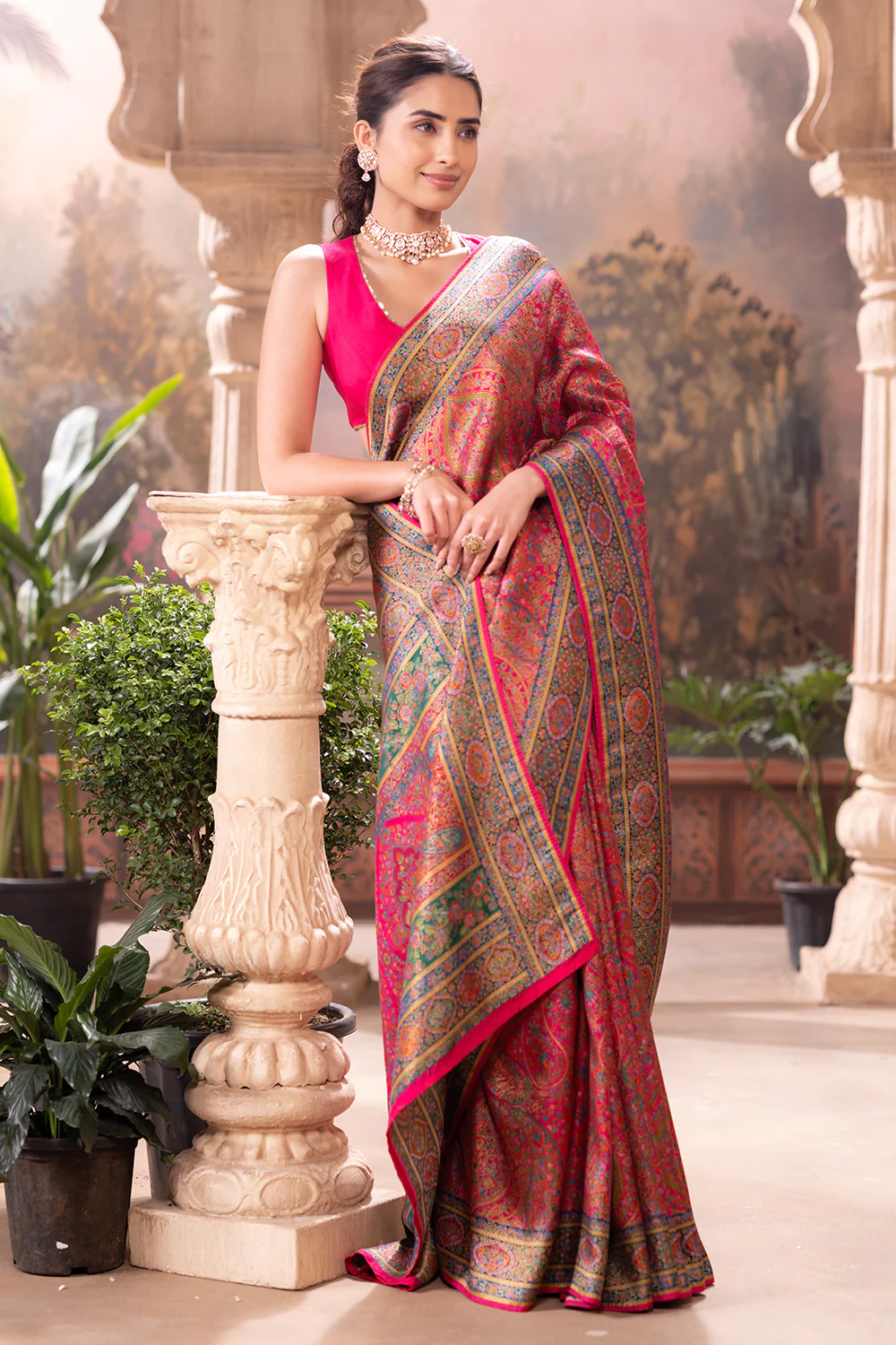 Magenta Pink Position Print Woven Silk Saree - Image 2