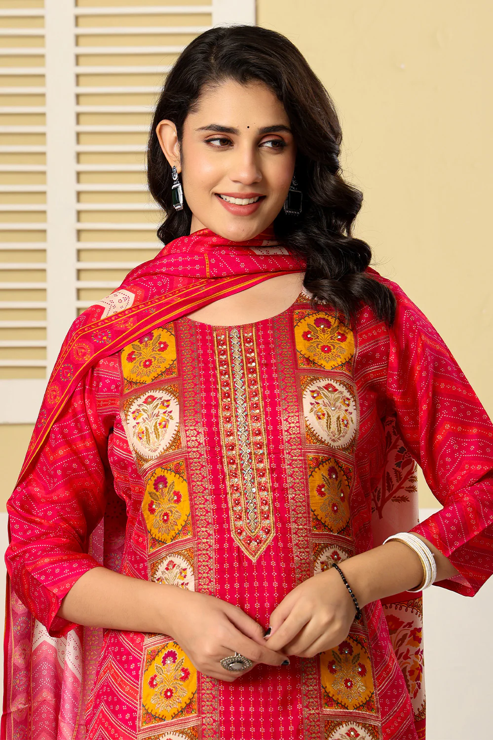 Magenta Pink Printed Embroidered Chanderi Silk Suit Set - Image 5