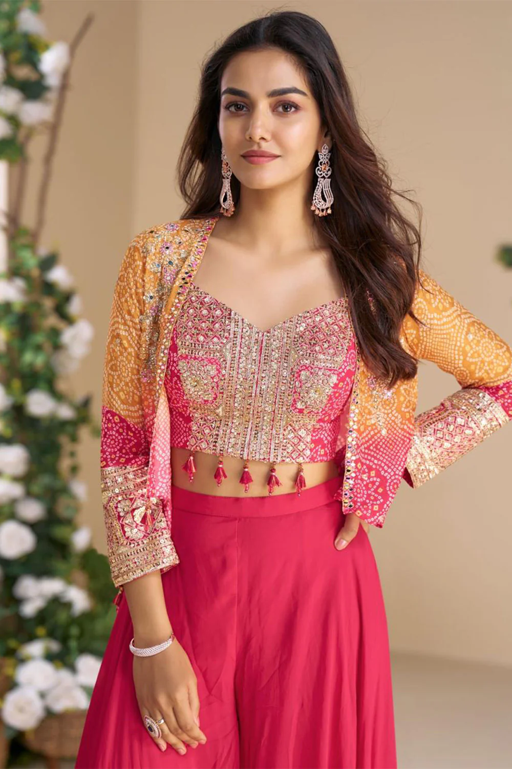 Magenta Pink Silk Bandhani Printed & Zari Embroidered Palazzo Set With Jacket - Image 3