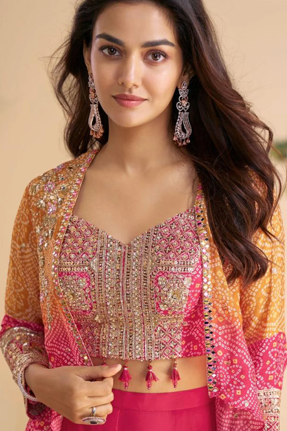 Magenta Pink Silk Bandhani Printed & Zari Embroidered Palazzo Set With Jacket - Image 4