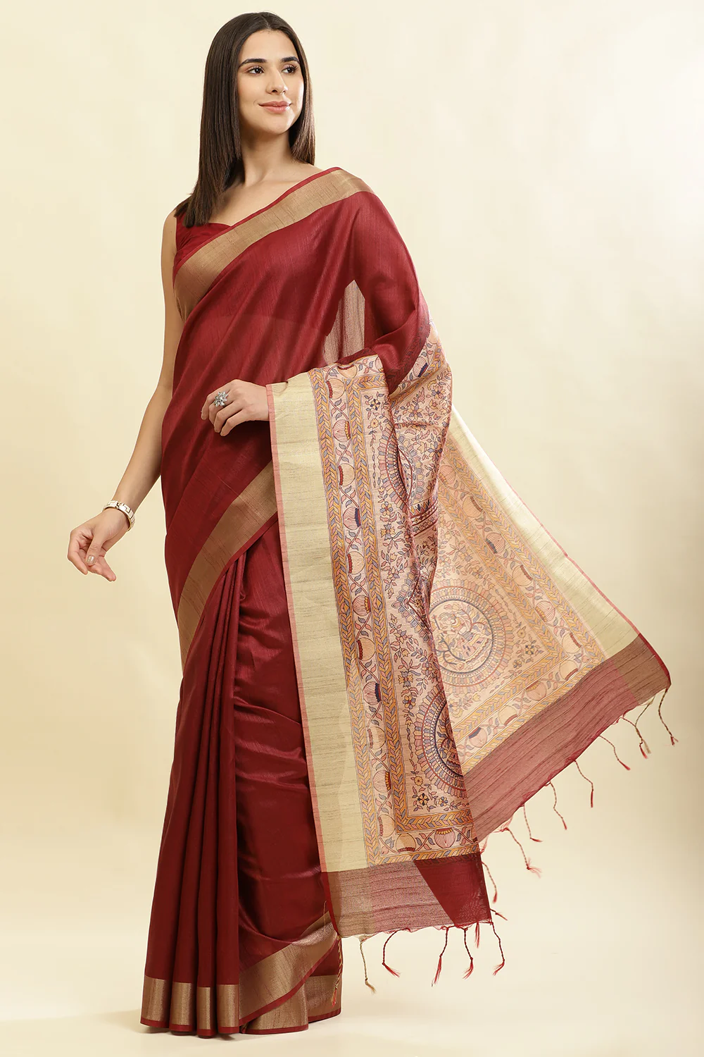 Maroon Color Cotton Silk Madhubani Print Saree - Image 3