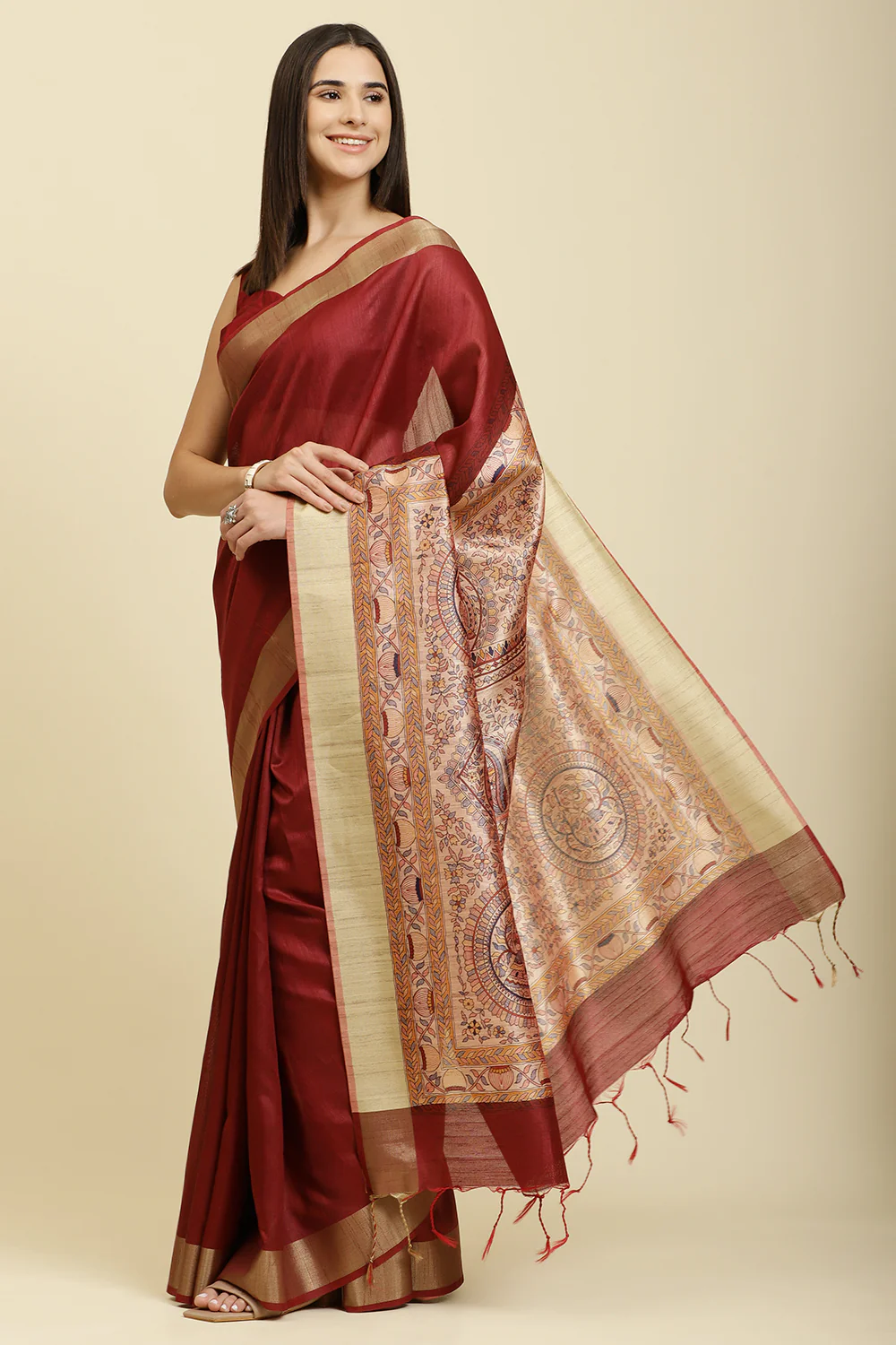 Maroon Color Cotton Silk Madhubani Print Saree - Image 4