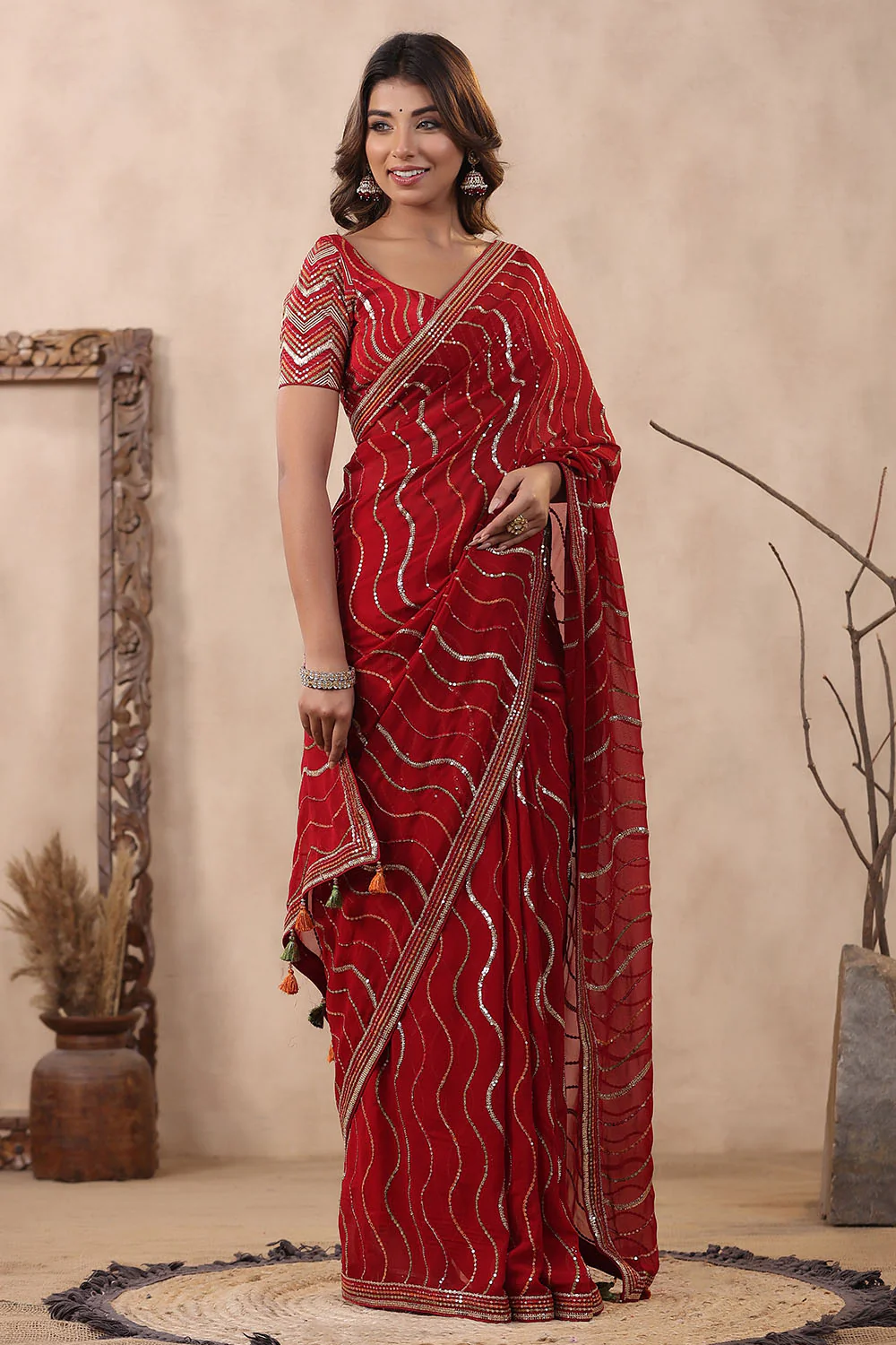 Maroon Color Embroidered Georgette Saree - Image 4