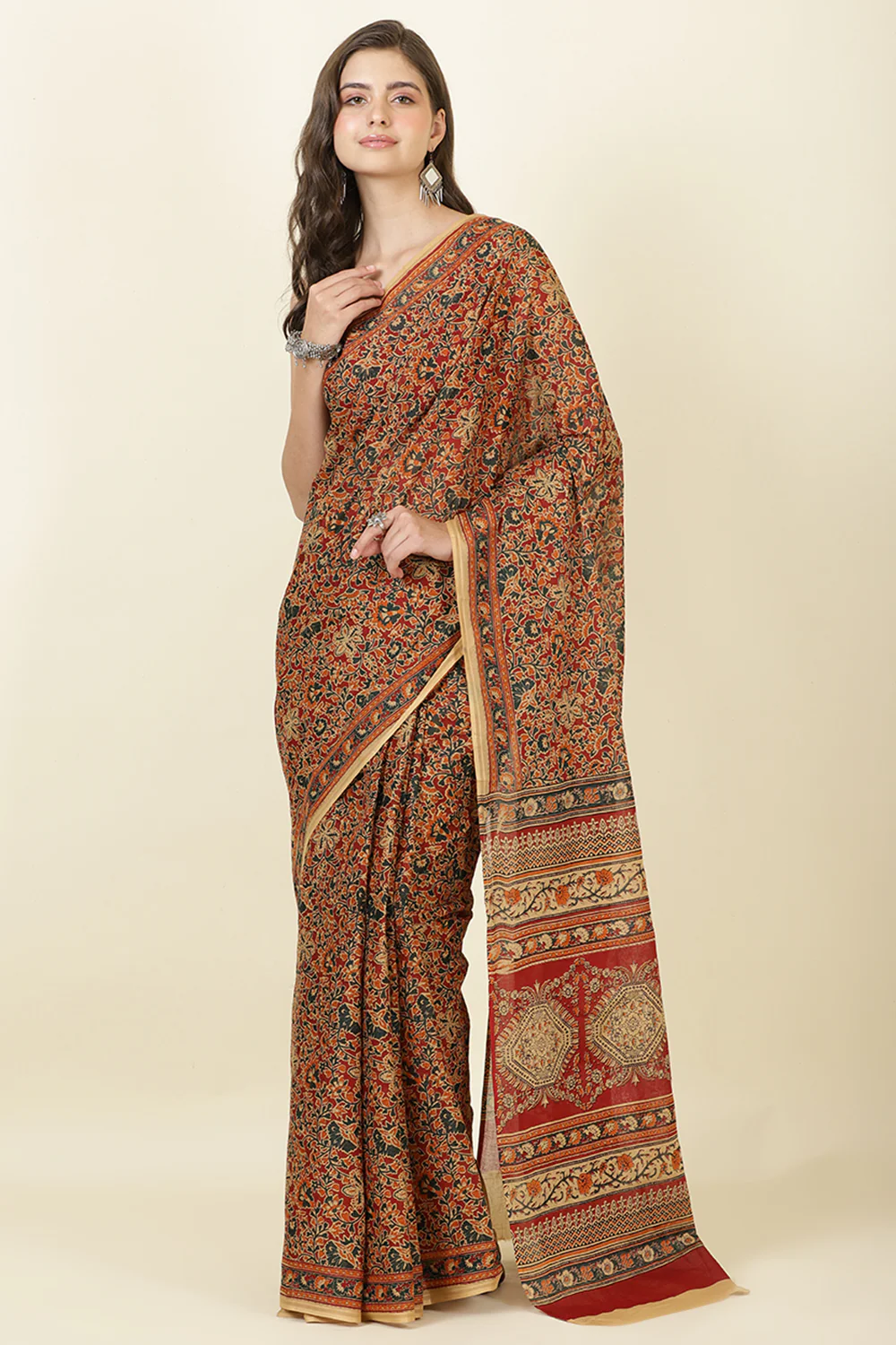 Maroon Kalamkari Printed Cotton Saree - Image 4