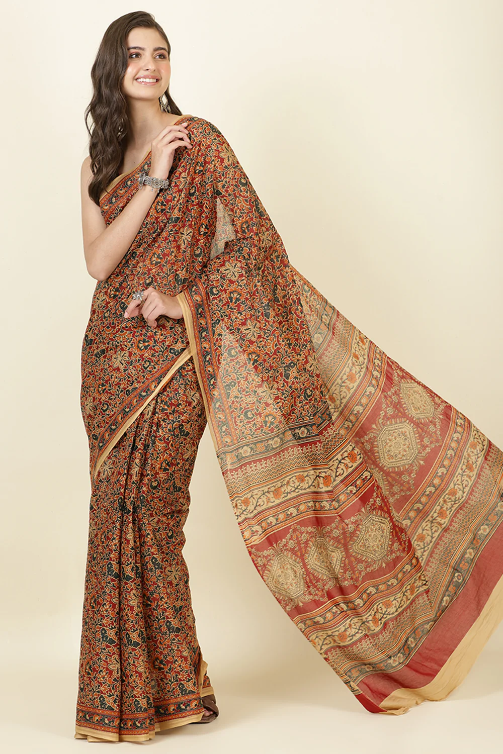 Maroon Kalamkari Printed Cotton Saree - Image 6
