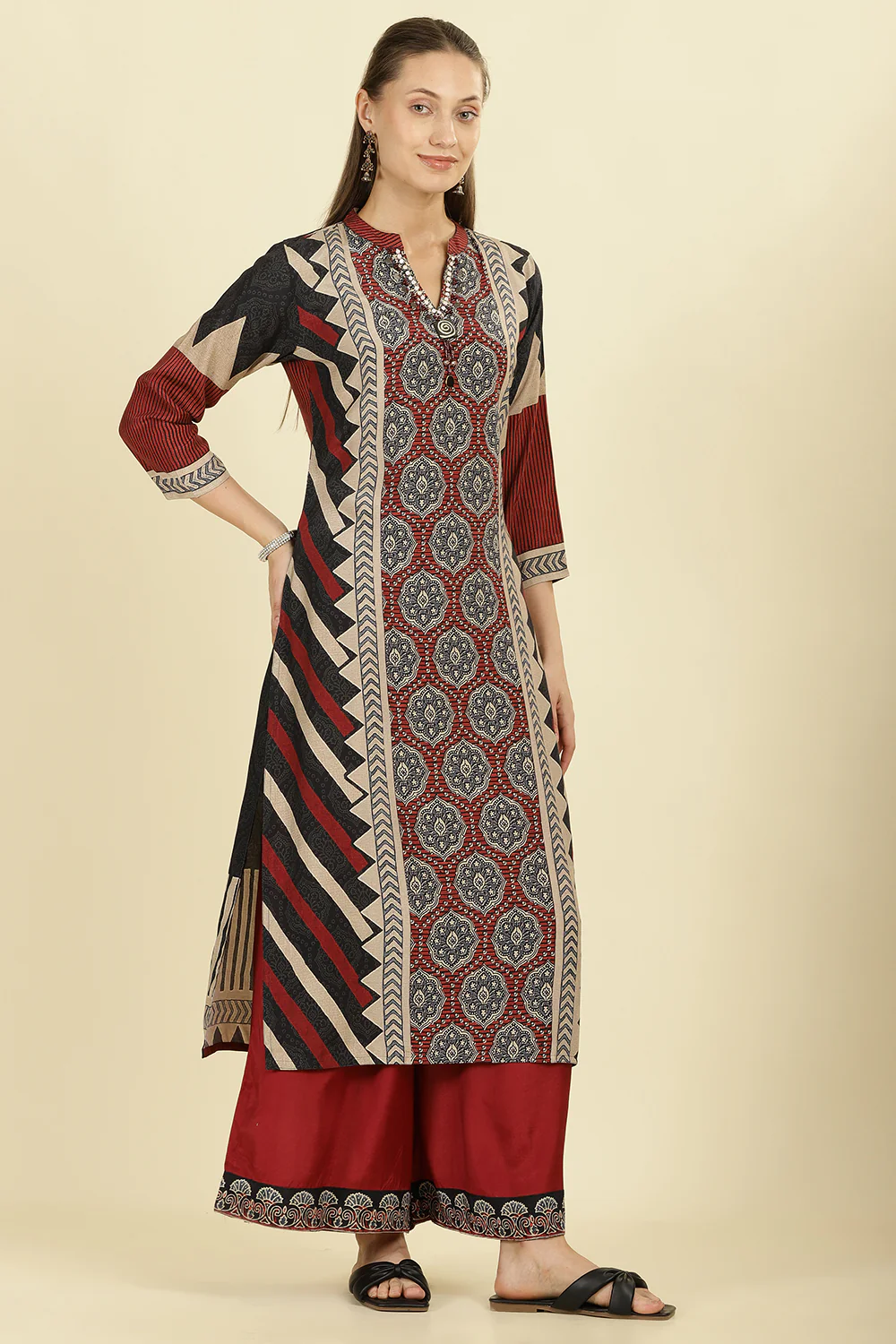 Maroon Muslin Ajrakh Printed Suit with Palazzo - Image 3