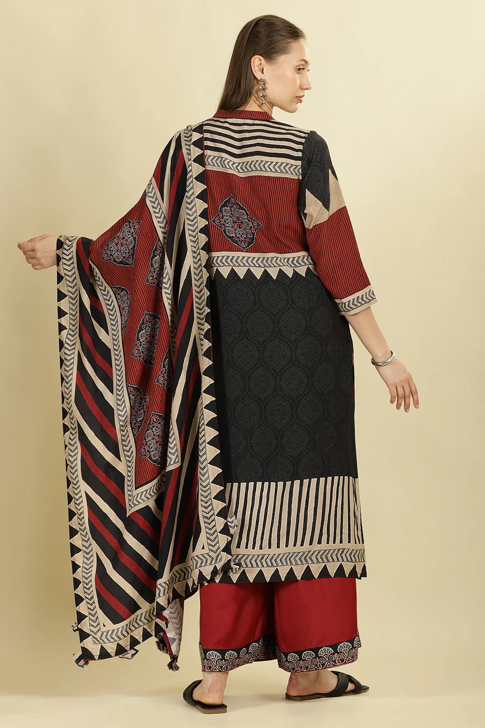 Maroon Muslin Ajrakh Printed Suit with Palazzo - Image 4