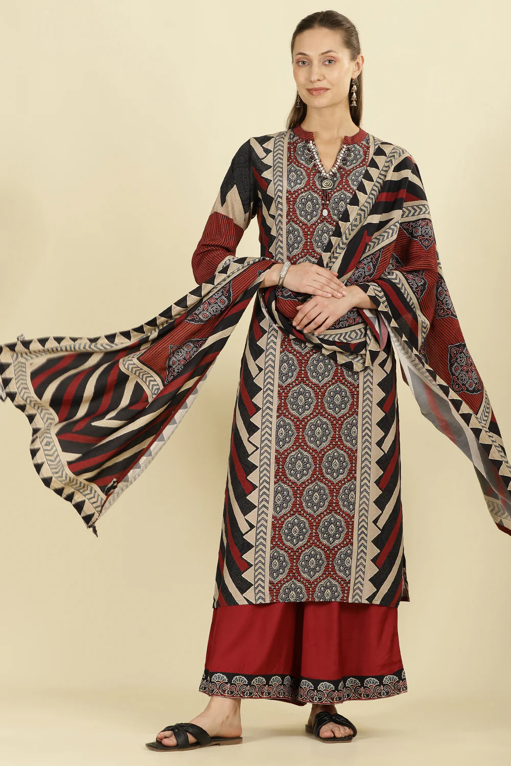 Maroon Muslin Ajrakh Printed Suit with Palazzo - Image 5