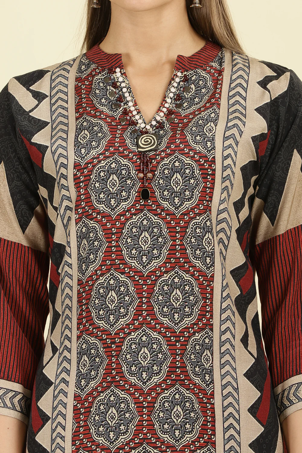 Maroon Muslin Ajrakh Printed Suit with Palazzo - Image 6