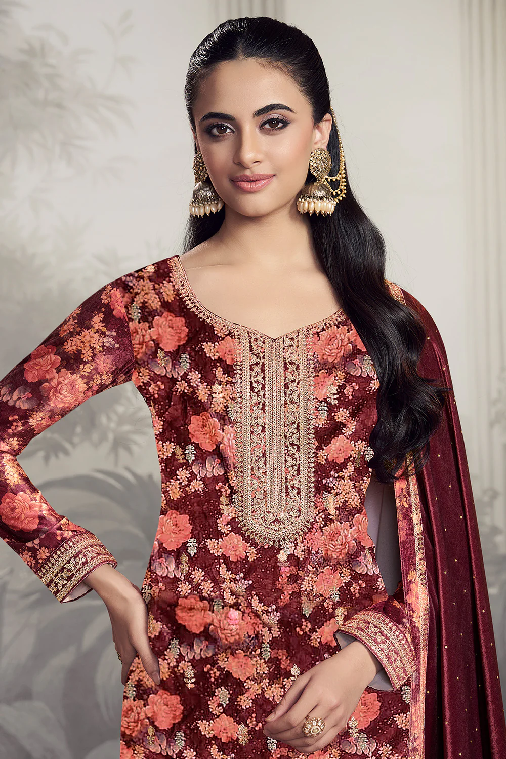 Maroon Velvet Floral Printed And Embroidered Unstitched Suit Fabric - Image 2