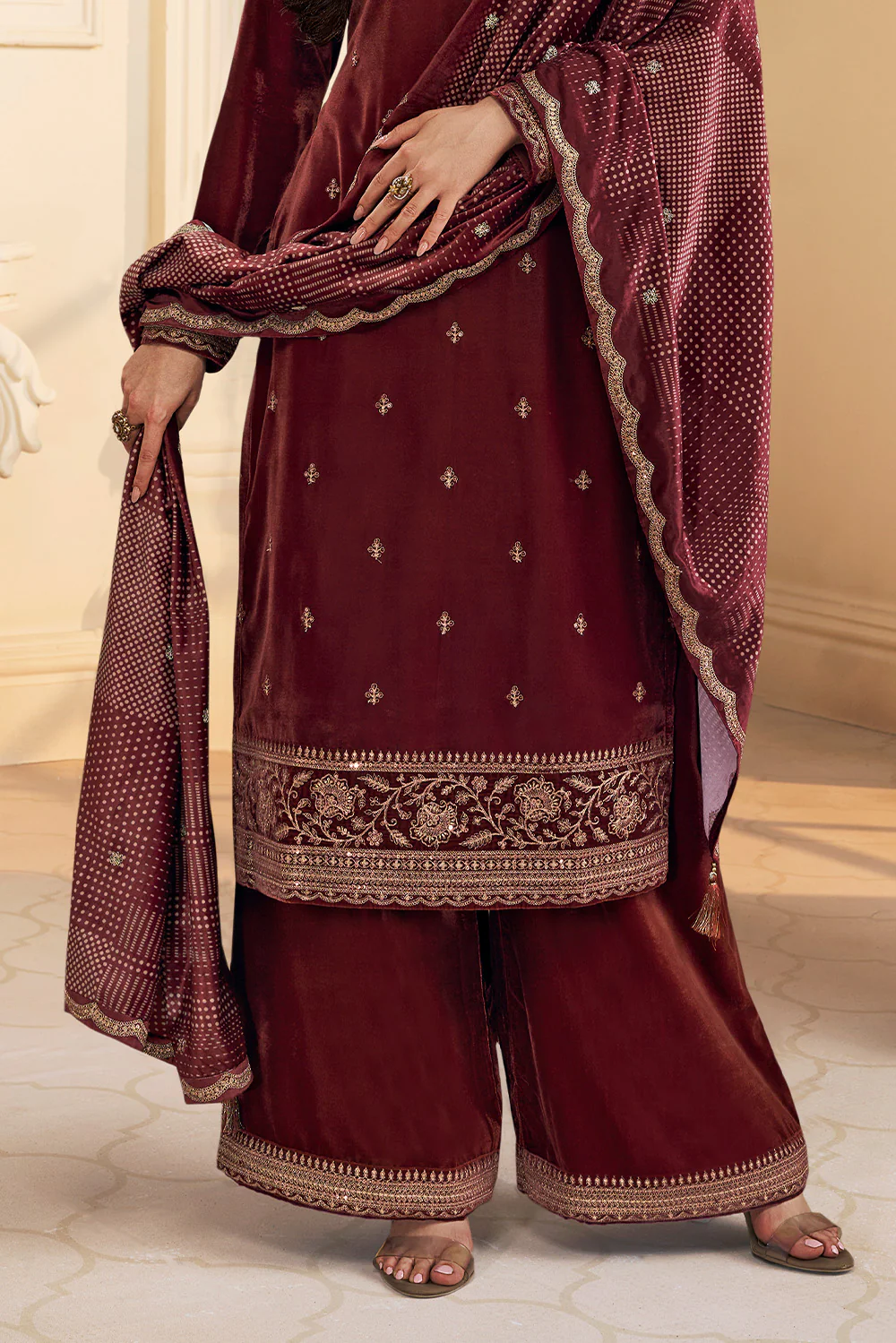 Maroon Velvet Zari and Sequins Embroidered Unstitched Suit Fabric - Image 2