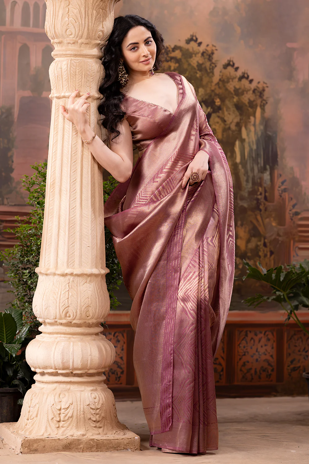 Mauve Tissue Silk Zari Woven Saree - Image 2