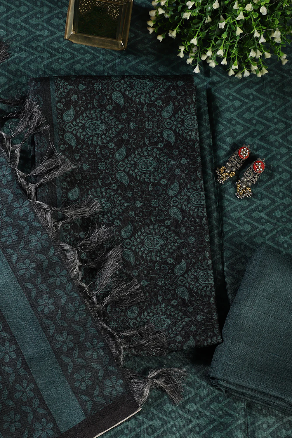 Mint Green And Black Digital Printed Chanderi Cotton Unstiched Suit Material - Image 4