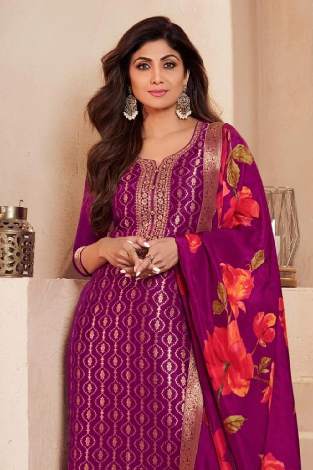 Mulberry Color Zari Woven & Embroidered Silk Suit - Image 2