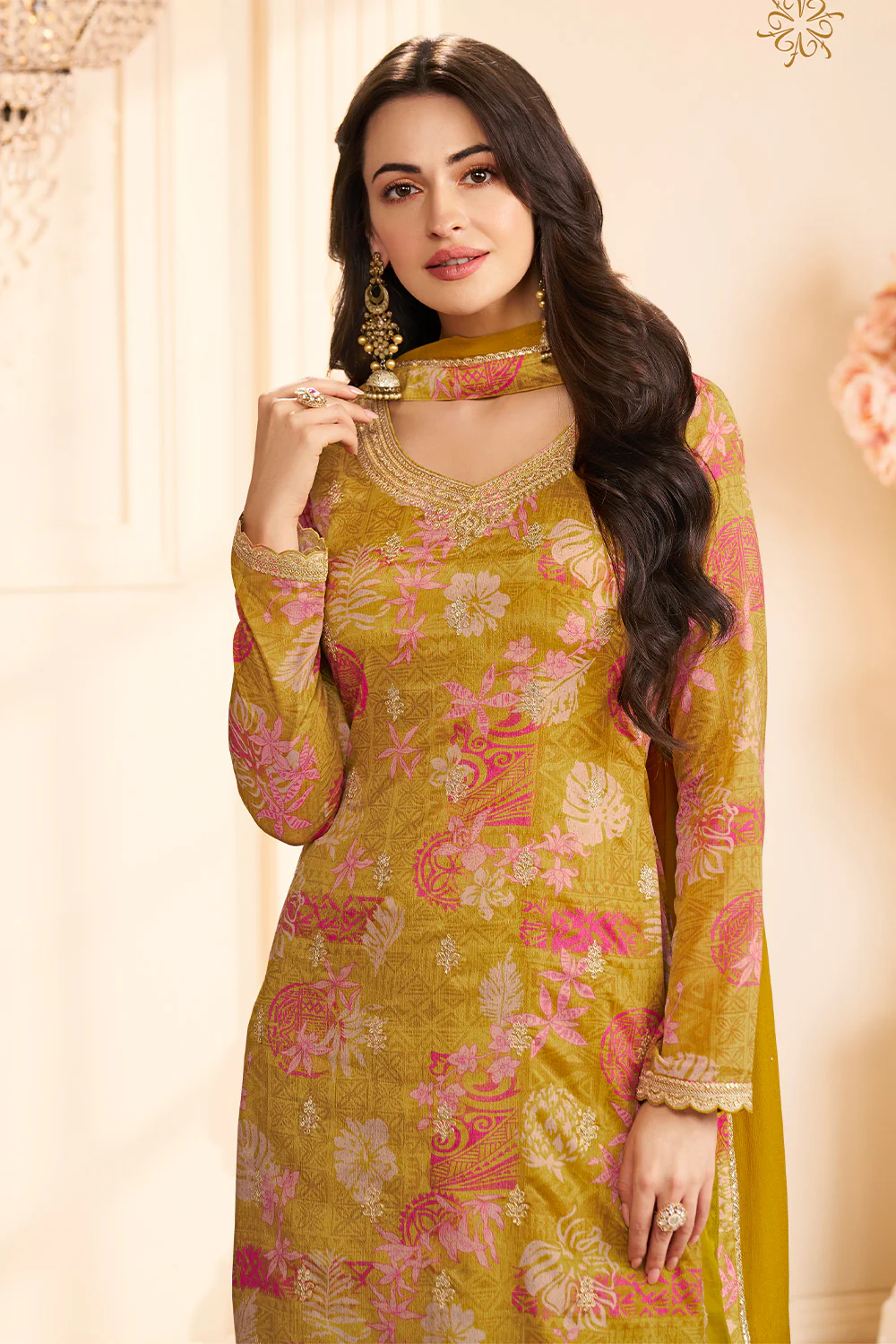 Mustard Chinone Silk Floral Printed And Embroidered Unstitched Suit Fabric - Image 2