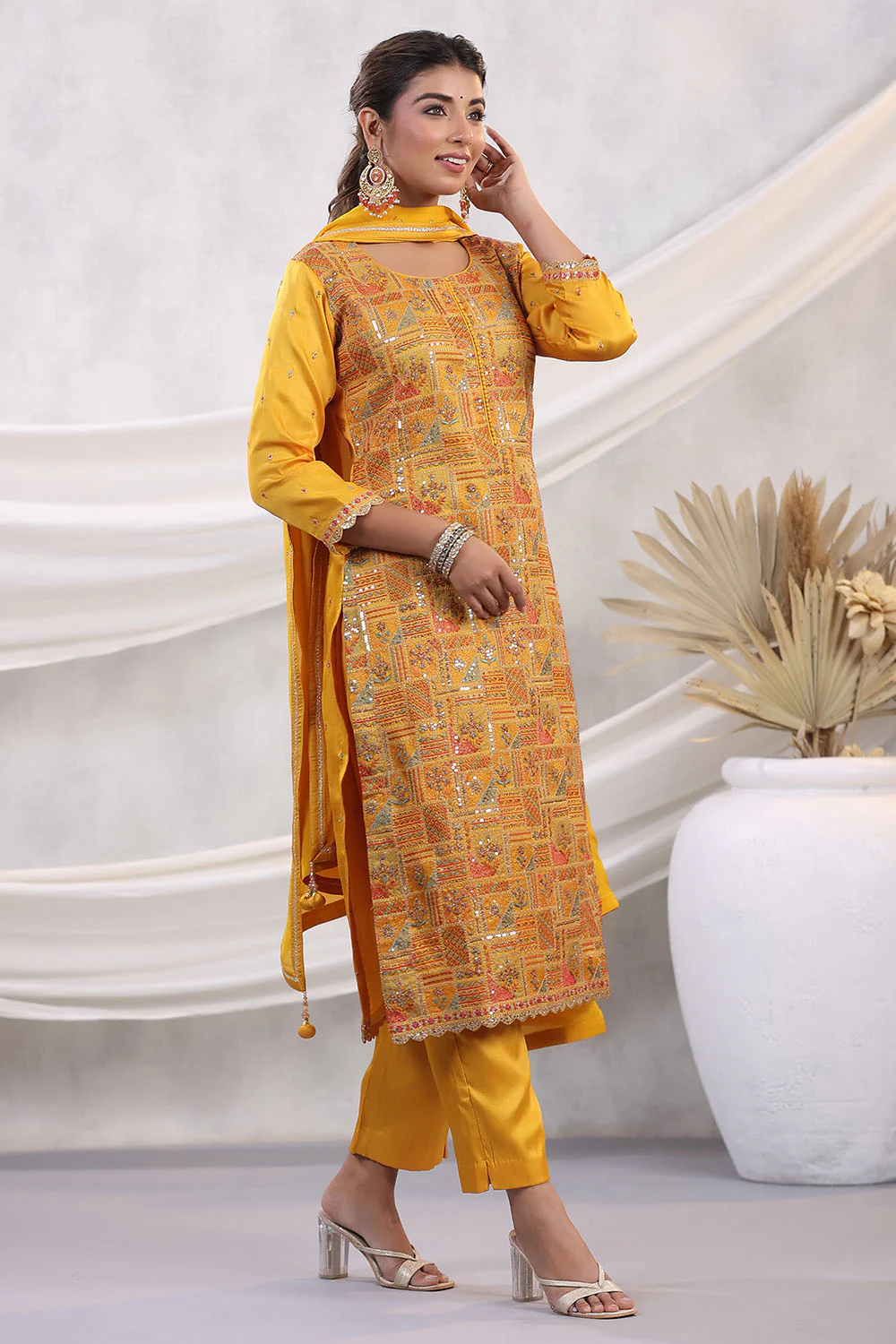 Mustard Color Embroidered Georgette Unstitched Suit Fabric - Image 3