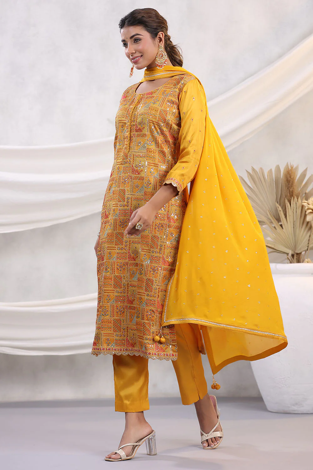 Mustard Color Embroidered Georgette Unstitched Suit Fabric - Image 4